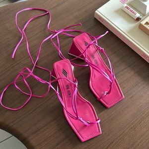 the attico pink satin wrap sandal heels